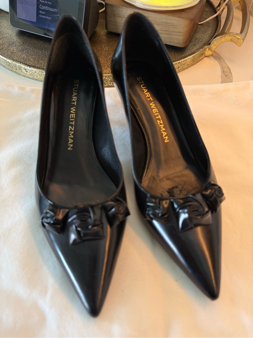 Stuart Weitzman Black Pointed Toe Pumps with Rosette Detail Worn Once!